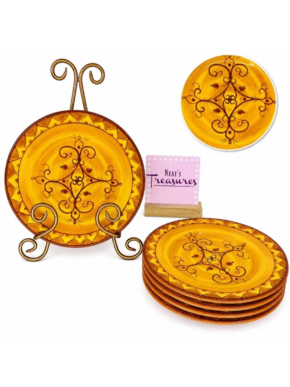 Pier 1 KARISTAN Yellow Orange Hand Painted Earthenware Salad Plates Set of 5 NEW